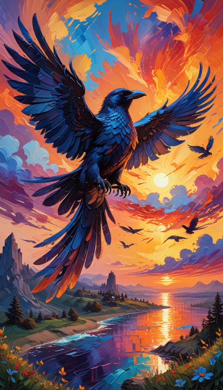 Winged Princess Soaring at Sunset in Impasto Style