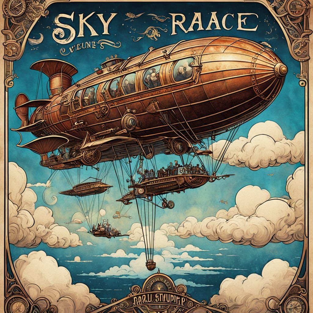 Vintage Steampunk Sky-Race Poster with Art Nouveau Flair