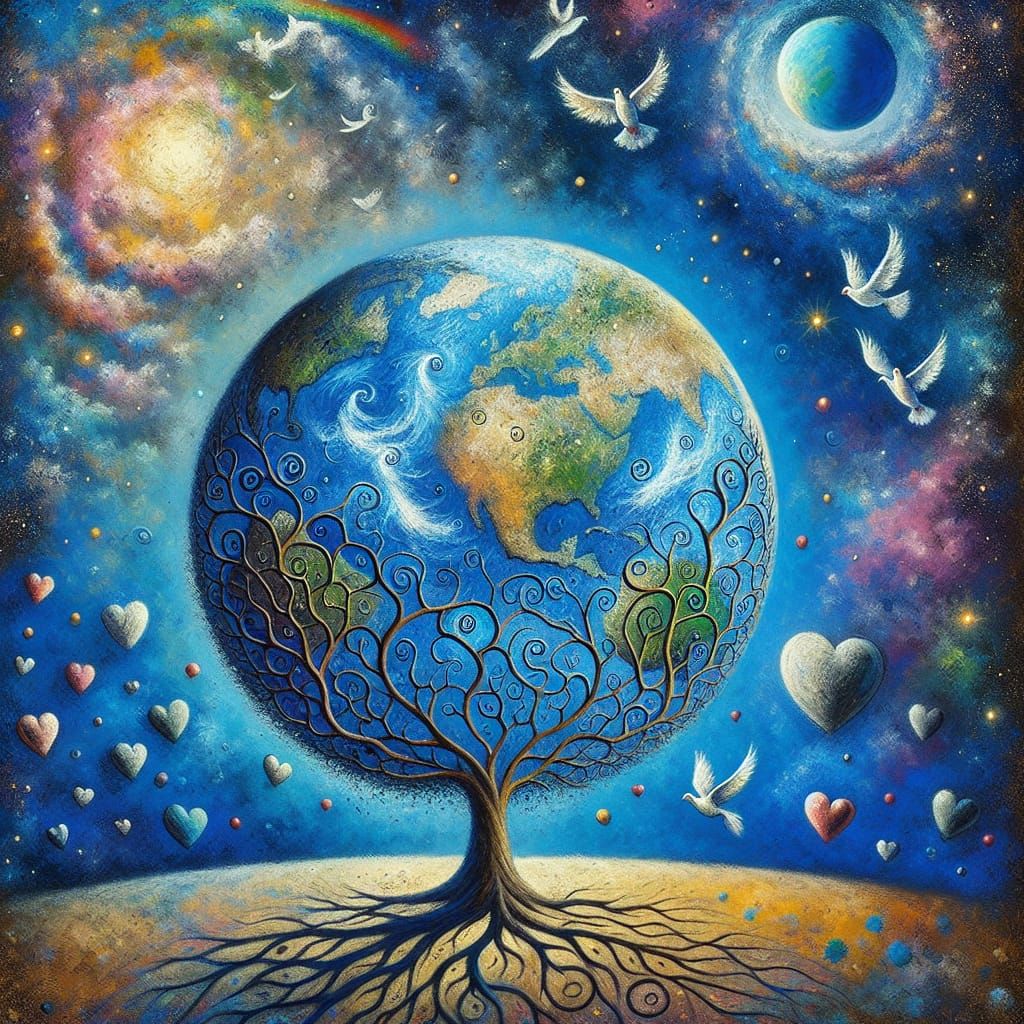 Tree of Life Earth in Cosmos, Art Brut Style