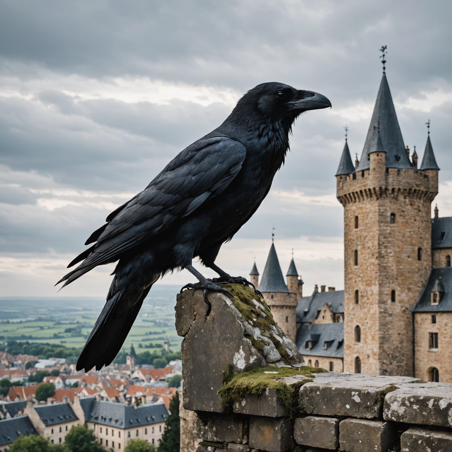 Majestic Raven Perches on Ancient Castle Spire