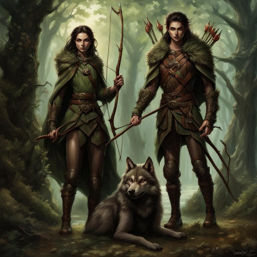 Wood Elf in Dark Forest with Wolves