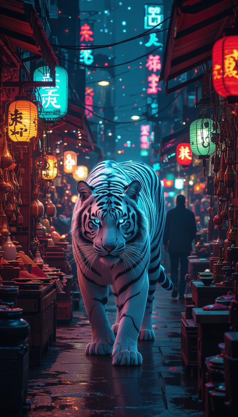 Neon Tiger Navigates Crowded Cyberpunk Bazaar