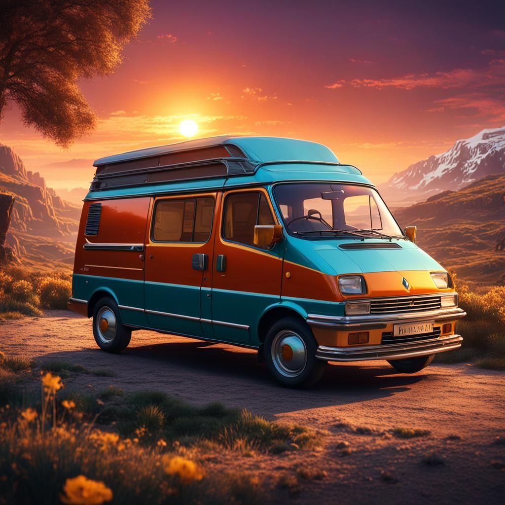 Renault Campervan at Sunset: Detailed Matte Painting