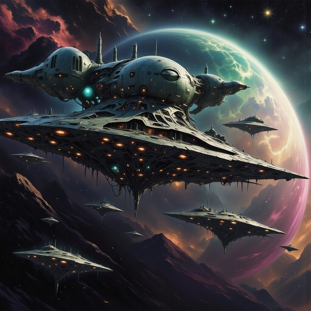 Biomechanical Spacecraft Approaches Futuristic Space Station...