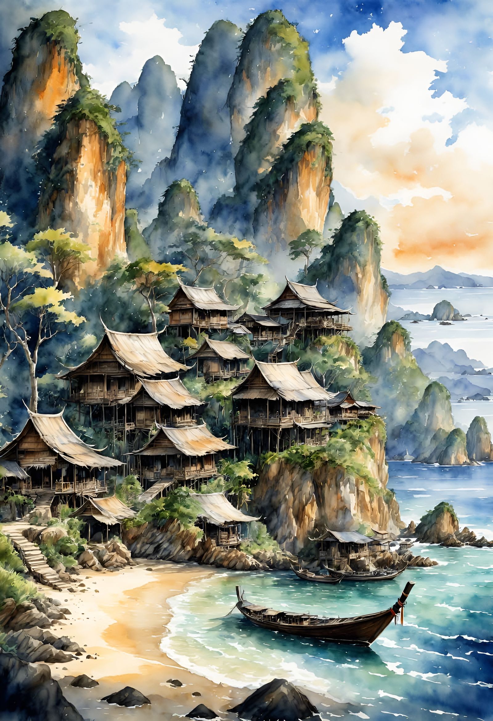Coastal Thai Village Watercolor Sketch