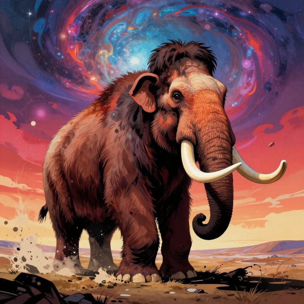 Woolly Mammoth Under Cosmic Nebula Sky