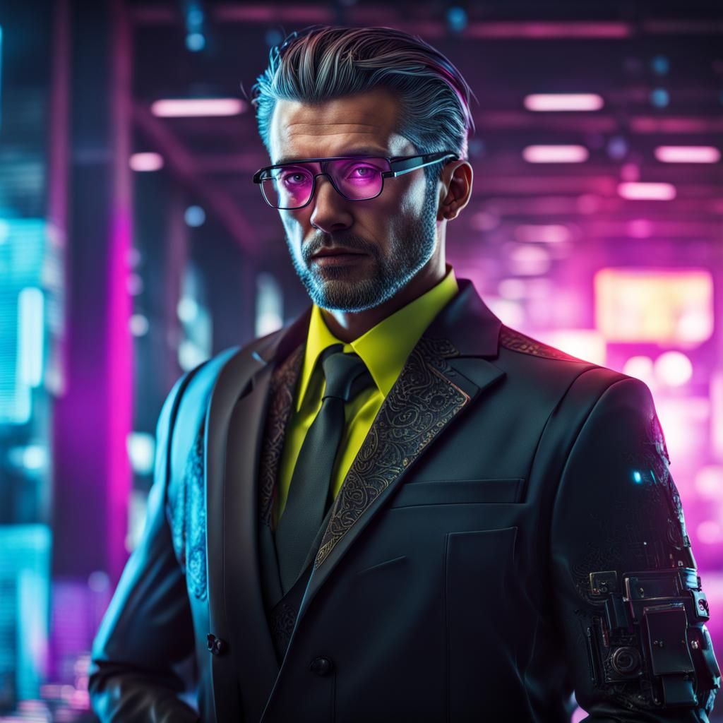 Hyperrealistic Cyberpunk Businessman in High Definition