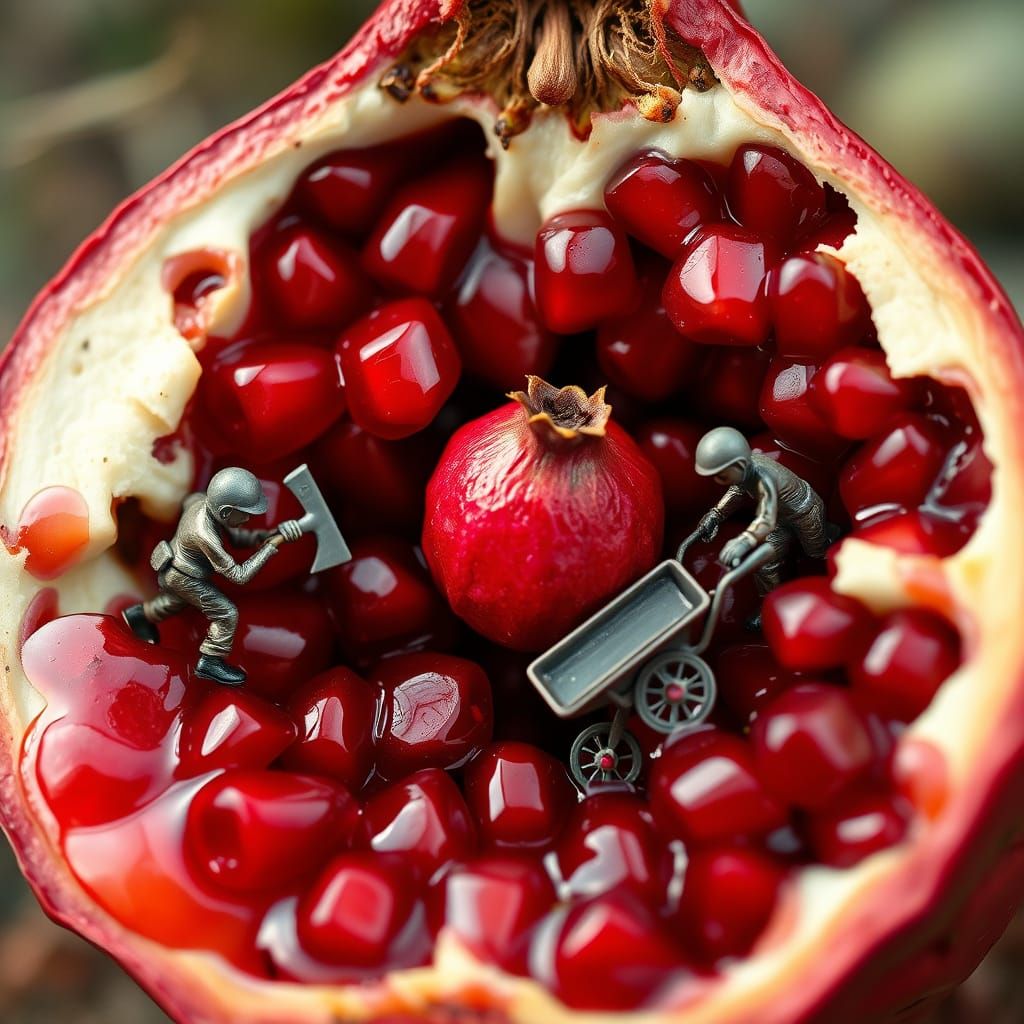 Whimsical Harvest Scene: Tiny Workers Gather Ruby-Red Pomegr...