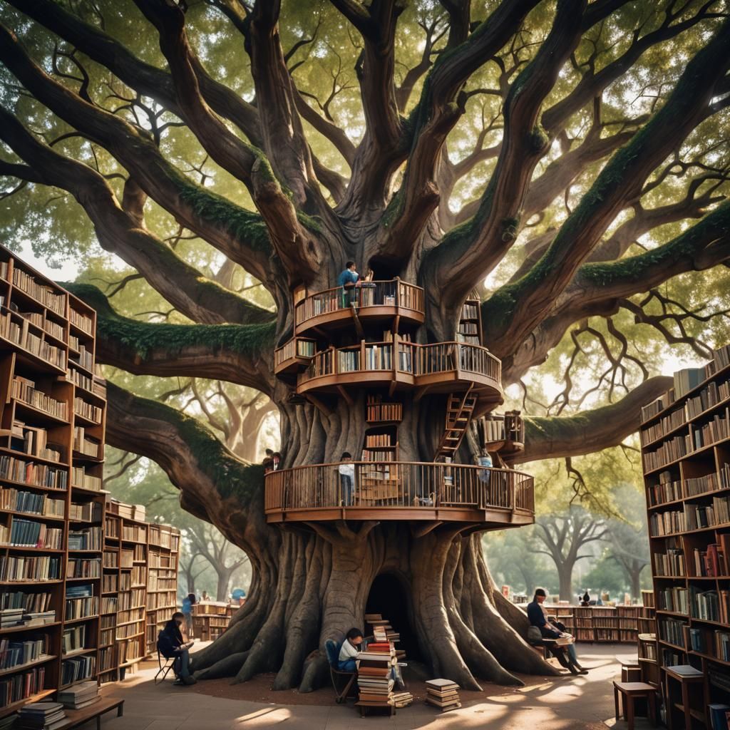 Enchanting Tree Library with Readers, Professional Photograp...