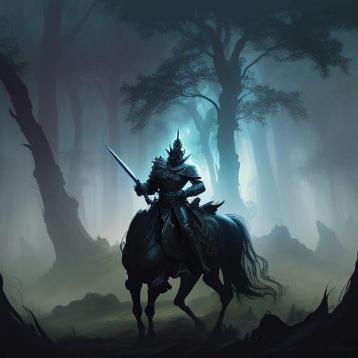 Knight With Gleaming Sword in Dark Forest