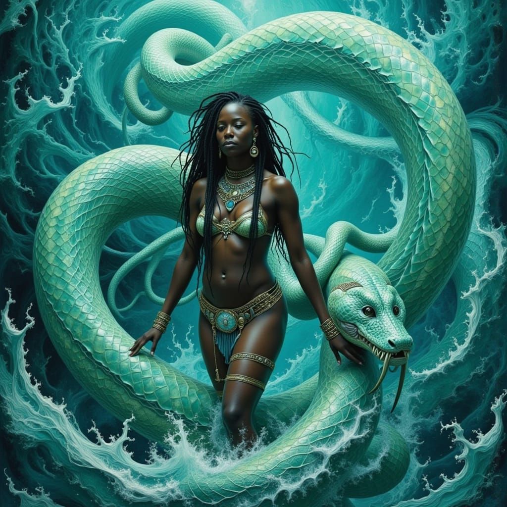 Mami Wata Goddess Emerges from Turquoise Vortex in Matte Pai...