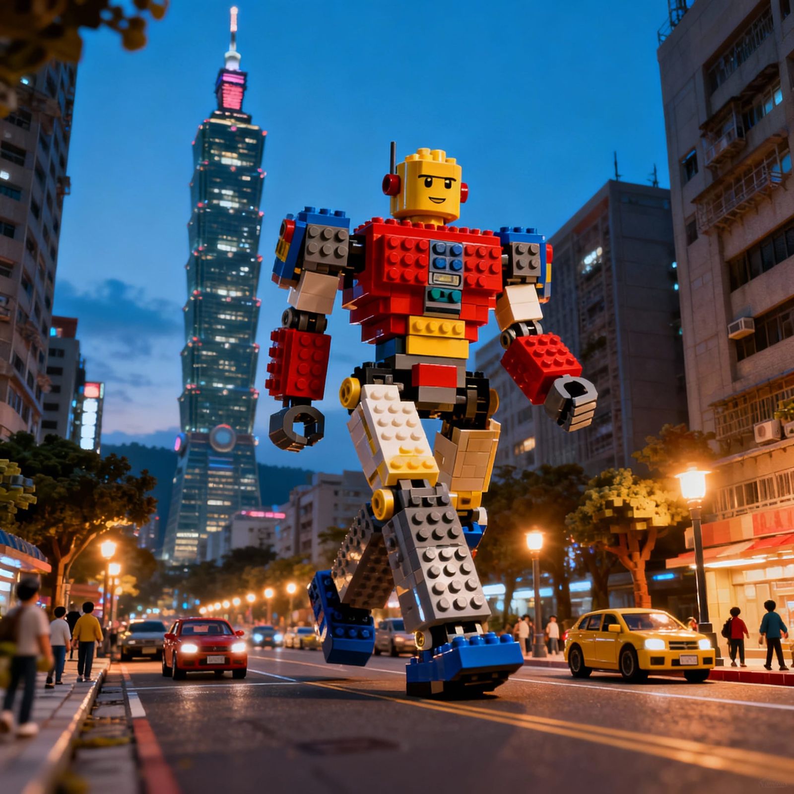 Giant LEGO Robot Explores Taipei Streets with Taipei 101
