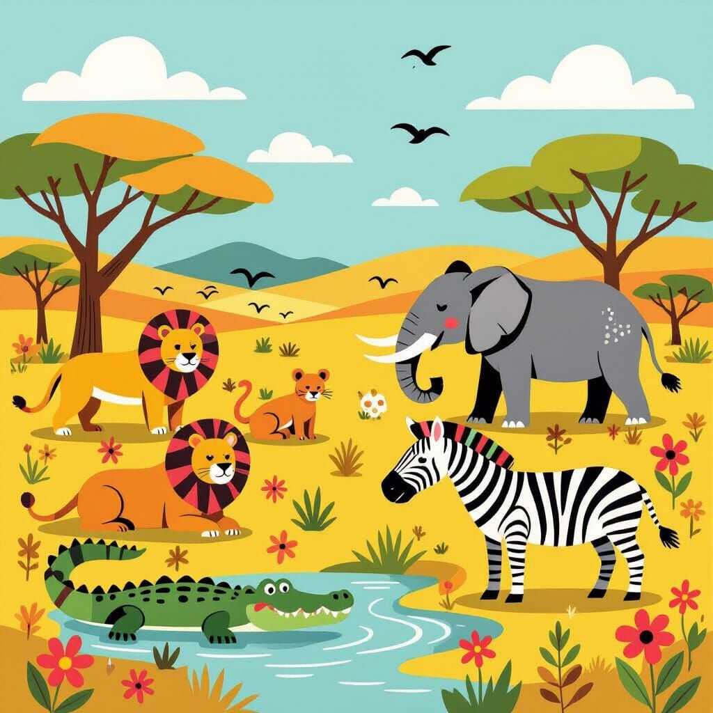 Colorful Savannah Animals in Vector Art Style
