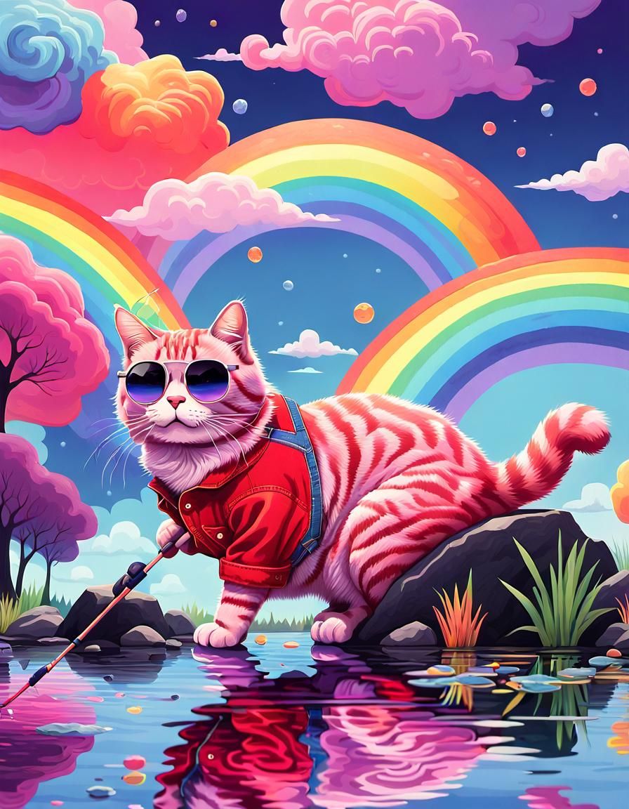 Psychedelic Cat Fishing in Rainbow Fantasy Landscape