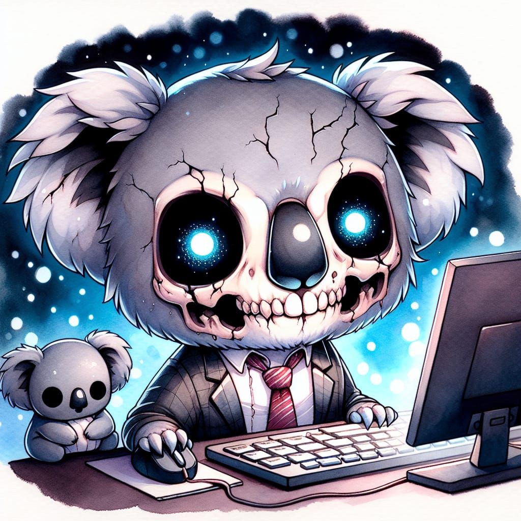 Chibi Undead Koala Bear Working Late, Watercolor Illustratio...