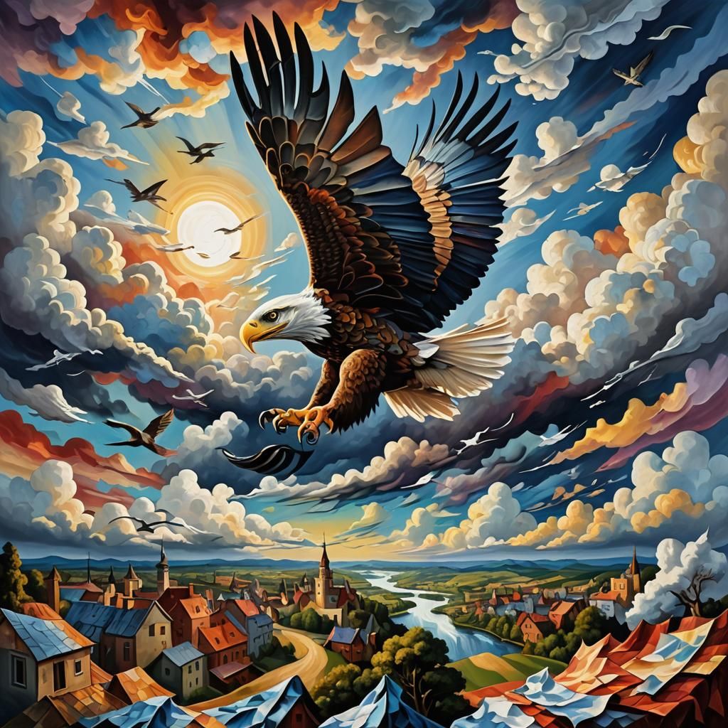 Surreal Eagle in Textile Landscape, Abstract Expressionism