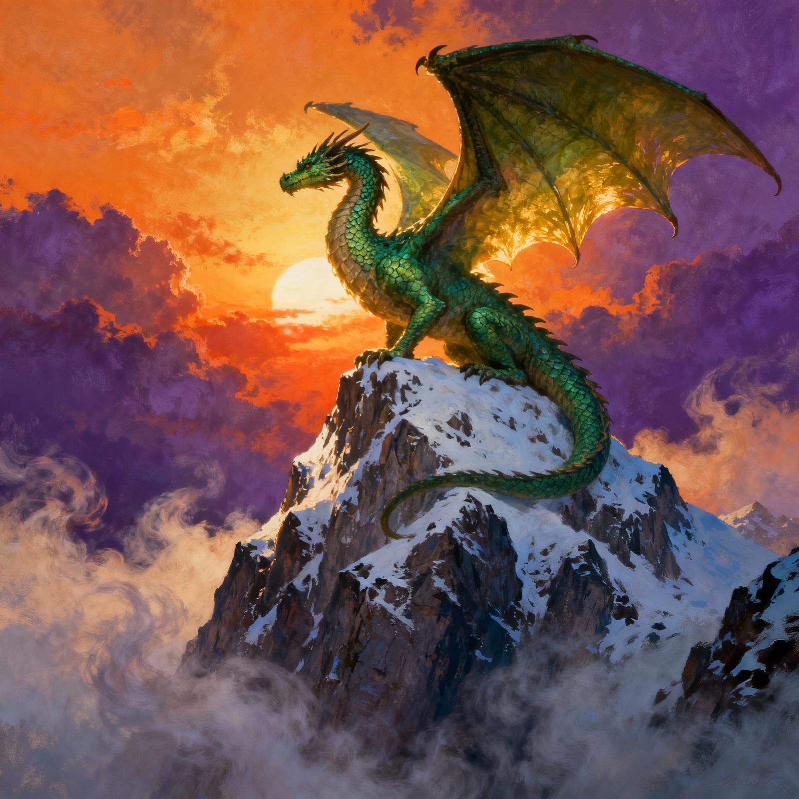 Emerald Dragon on Snowy Mountain Peak at Sunset