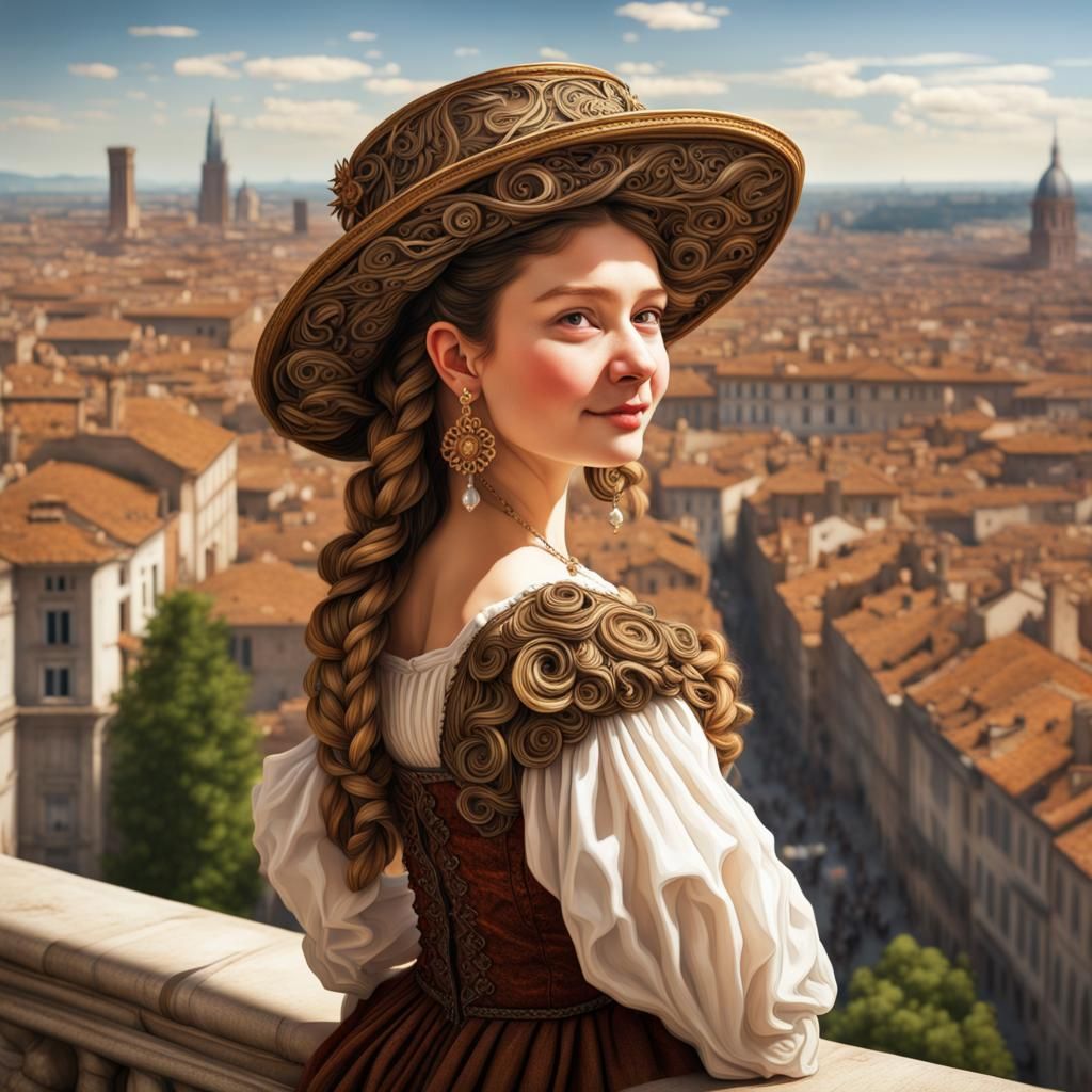 Renaissance Woman in Steampunk Dress, Detailed Painting