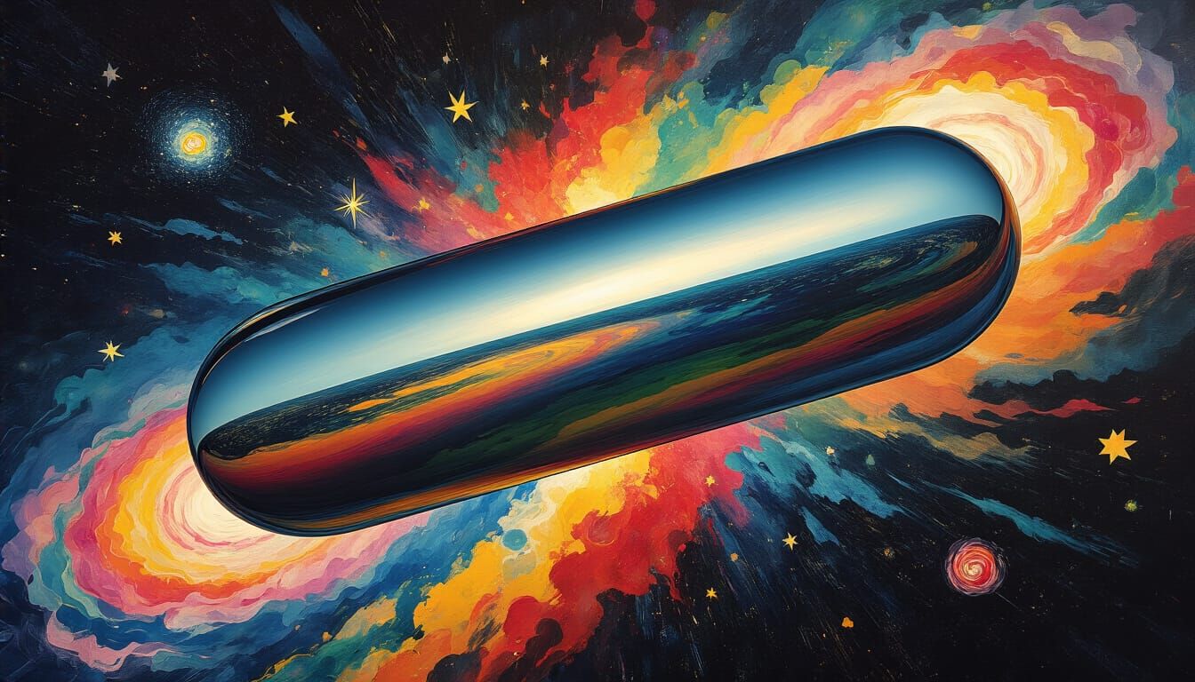 Reflective Cylinder Spinning in Abstract Cosmic Dreamscape