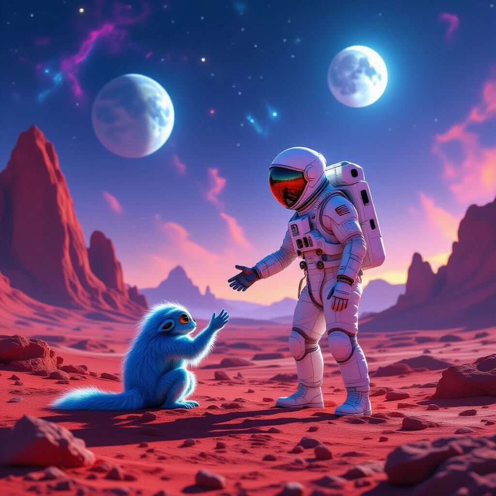 Astronaut Helps Injured Alien Creature on Nebula Planet