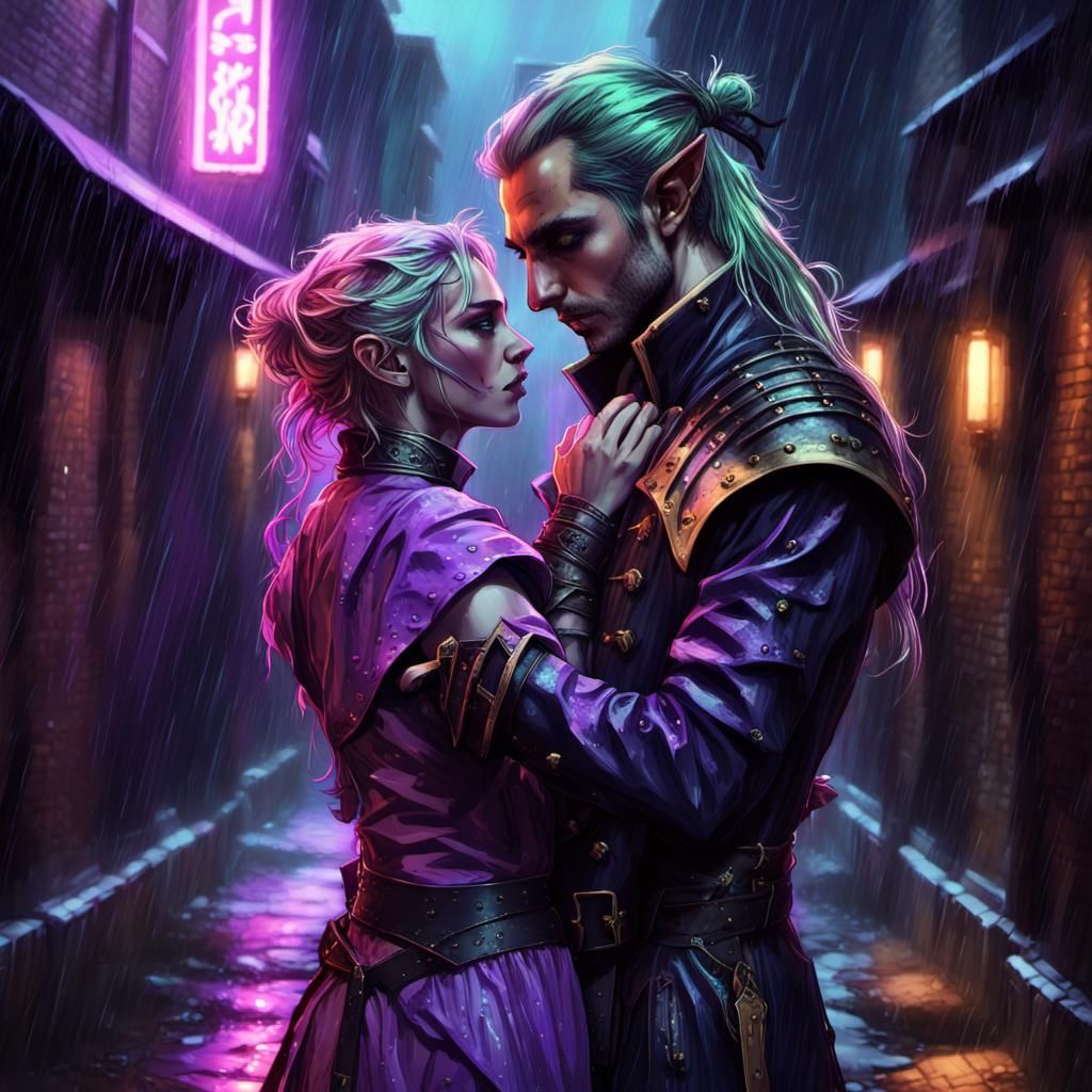 Cyberpunk Elf Embrace in Neon Noir Alleyway