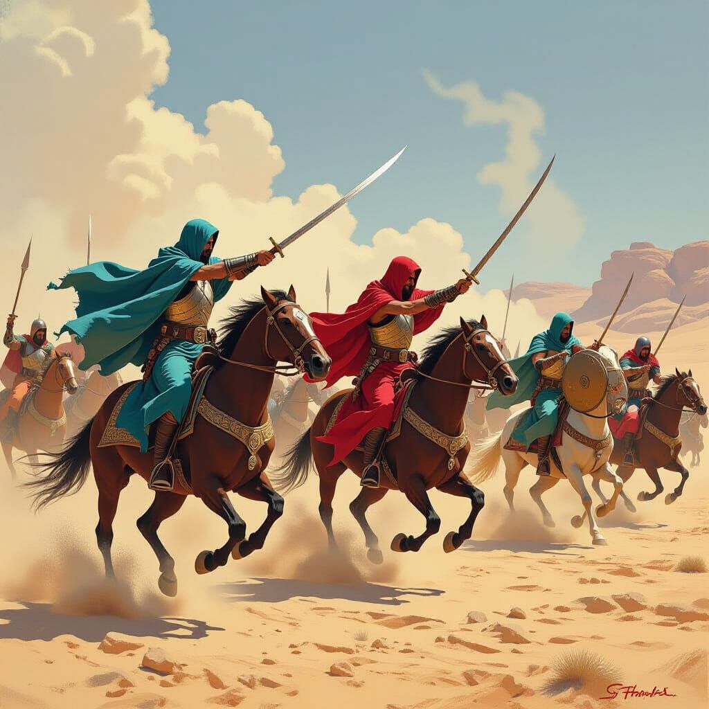 Arab Horsemen Clash with Crusaders in Desert Battle