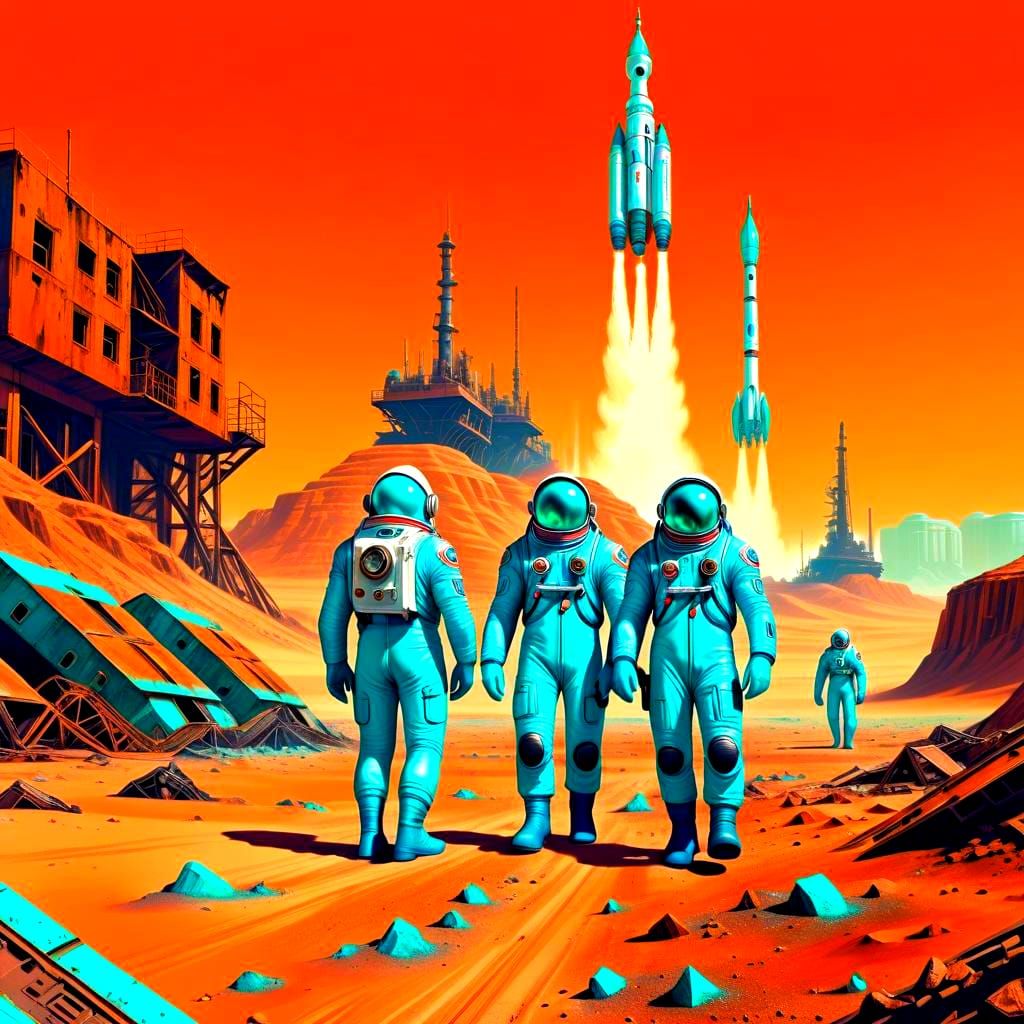 Retro-Futuristic Soviet Cosmonauts on Mars in Turquoise
