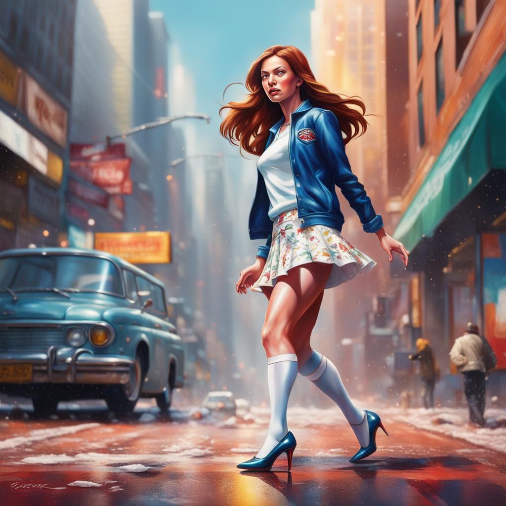 Mary Jane Watson in miniskirt, white stockings and high heel...