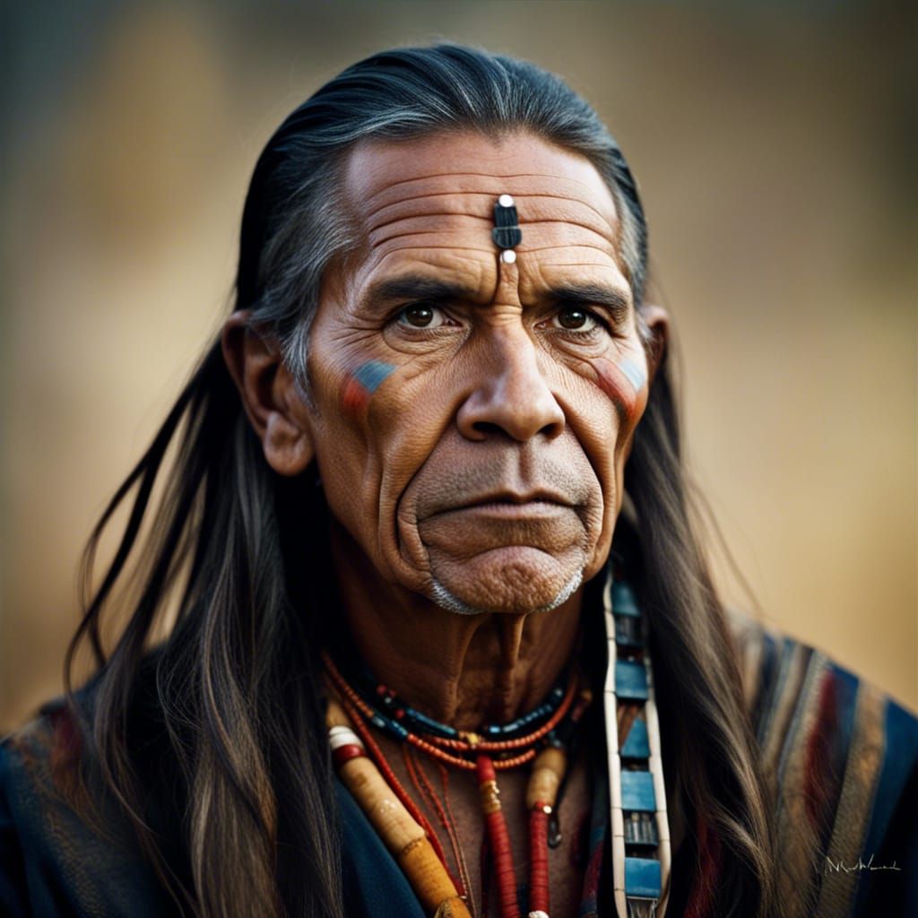 Portrait of a fictional indian shaman from the comanche indian tribe an ancient indian hunte Close-up portrait, color po...