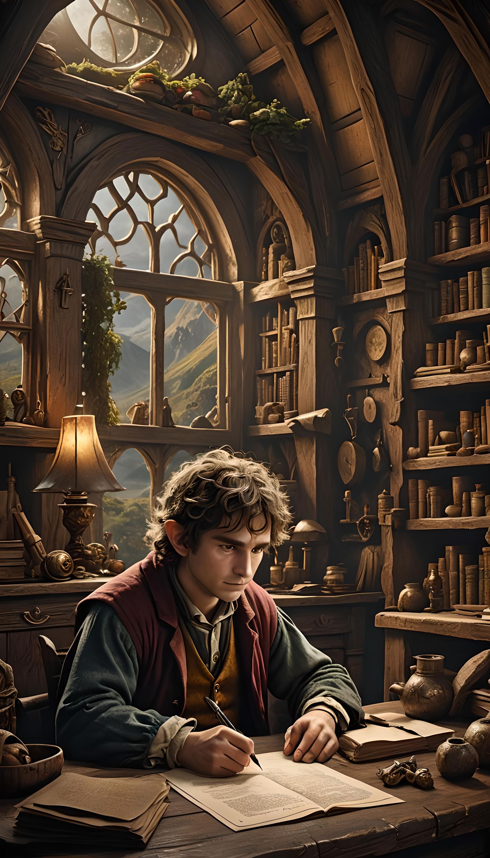 Hobbit Poet at Desk: Detailed Matte Painting