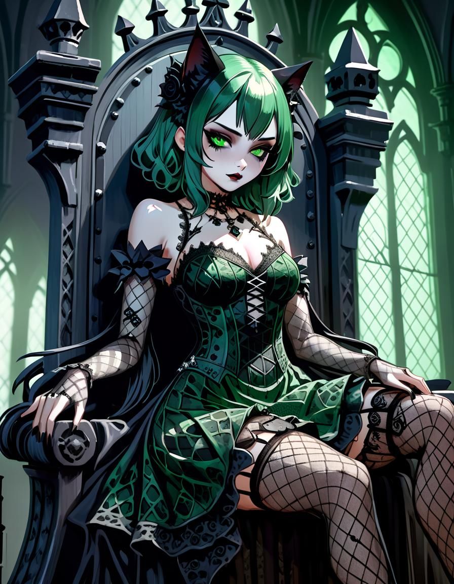 Gothic Catgirl on Throne in Dark Fantasy Style