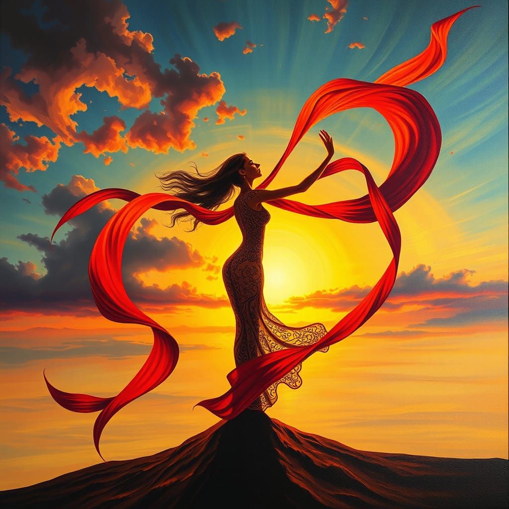 Surrealist Sunlit Goddess in Whirling Red Ribbon