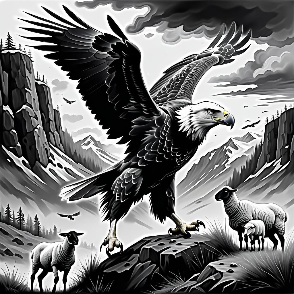 Eagle Hunting Sheep in Grayscale Oil Paint