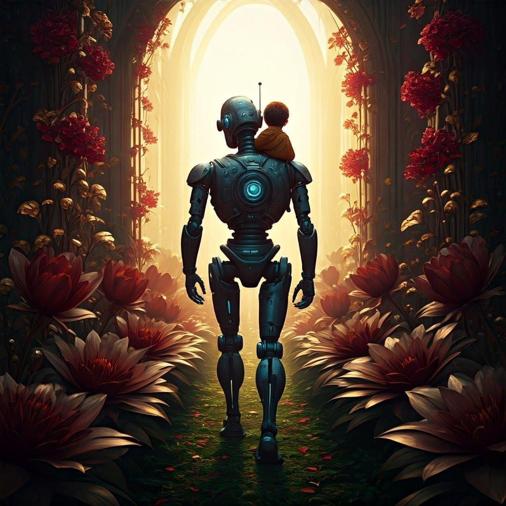 Robot and Child in Alien Garden, Hyperrealistic