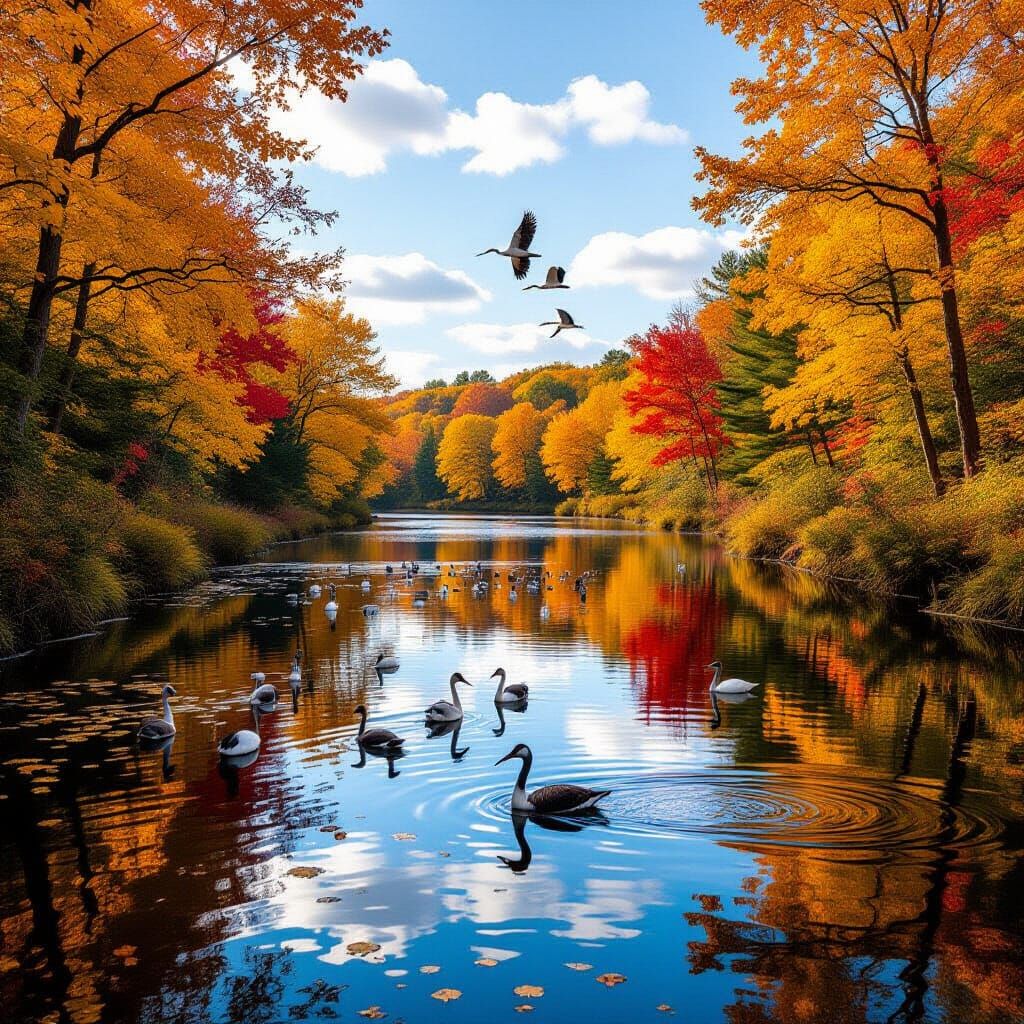 Autumn River Landscape with Cranes, Cinematic Film Still