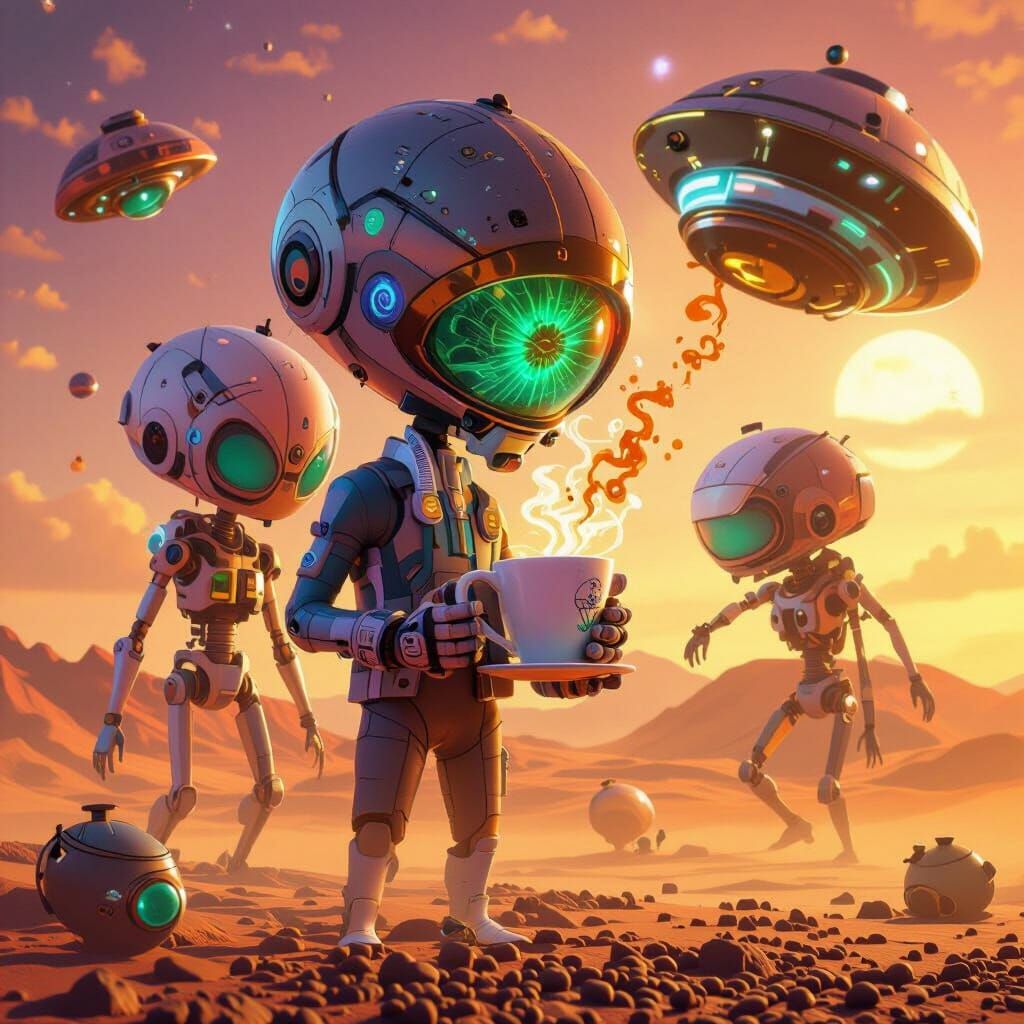 Alien Coffee Lover in Futuristic Cafe
