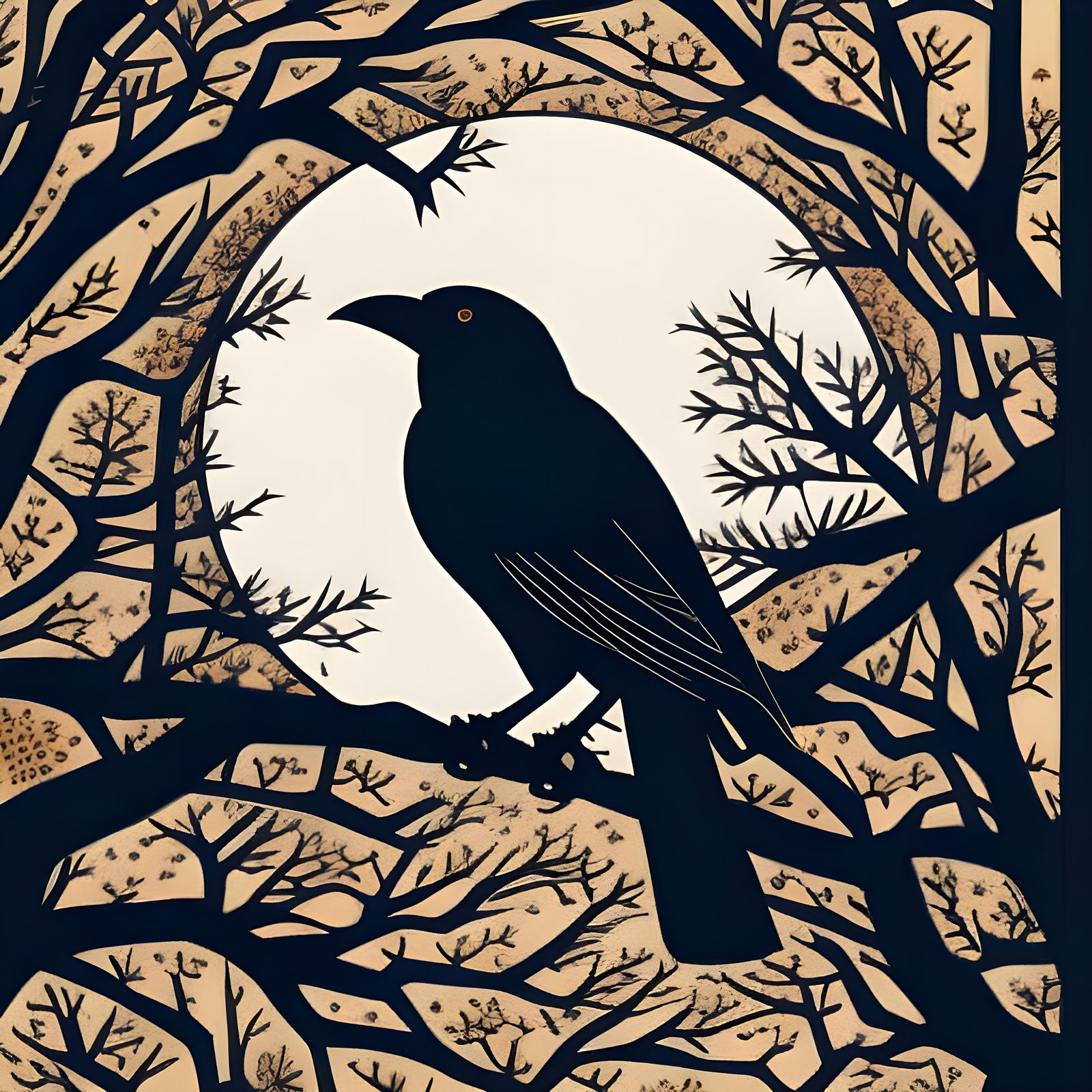 Crow in Tree: Japanese Woodblock Style Wall Art