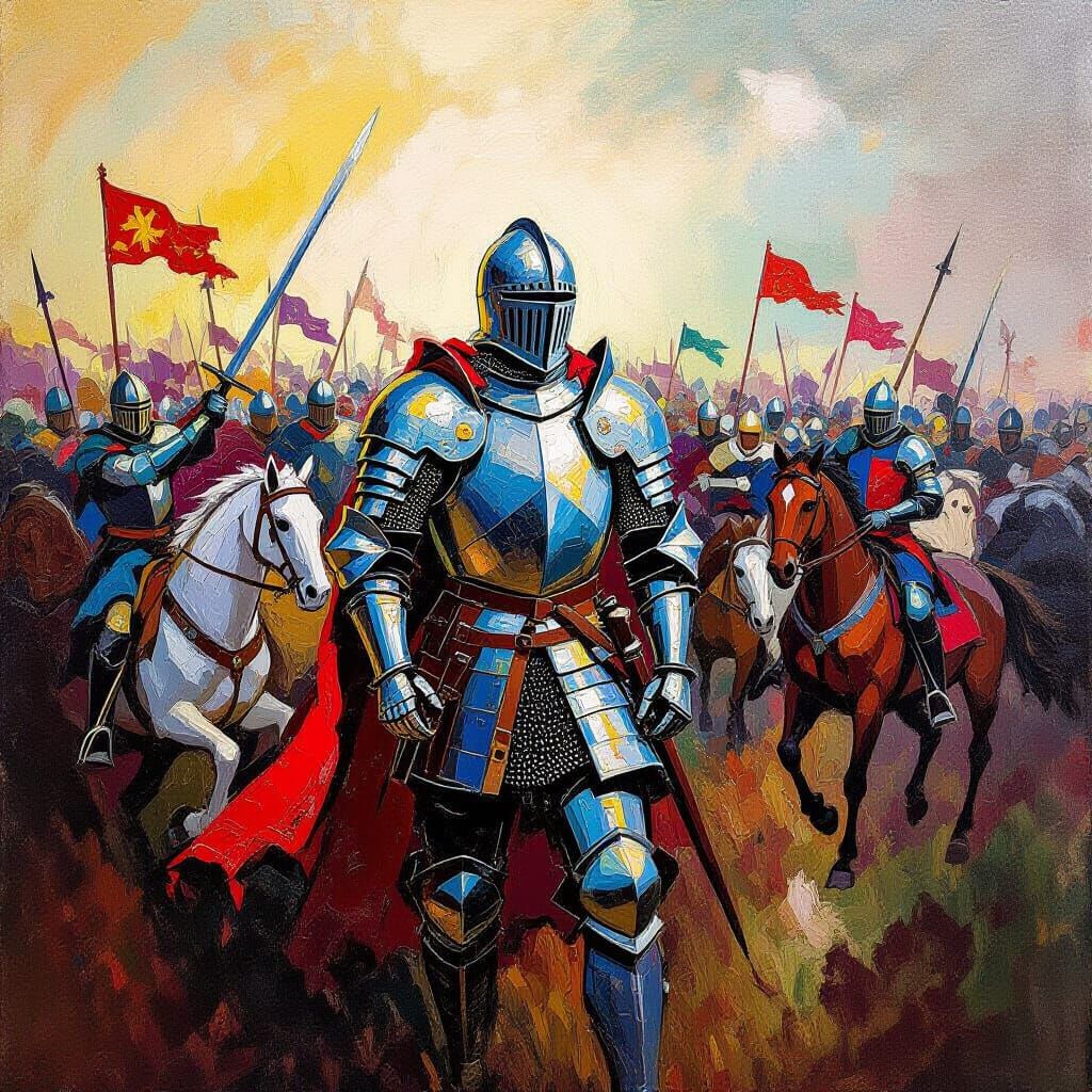 Time Traveler on Medieval Battlefield in Expressionist Style