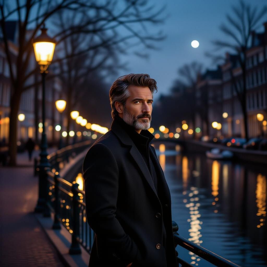 Pensive Man at Night in Photorealistic Style