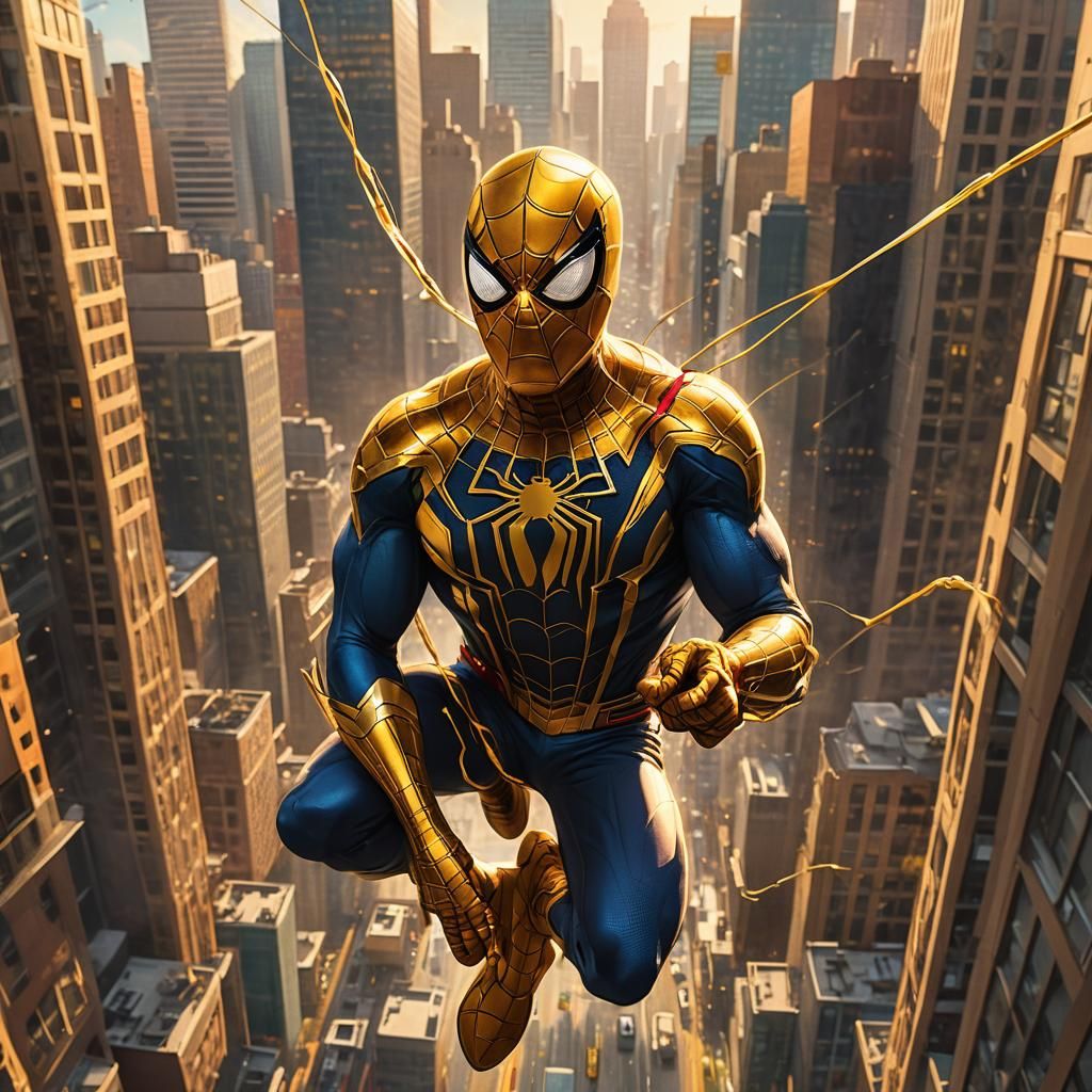 Yellow Spiderman Swings Through City in Comic Style