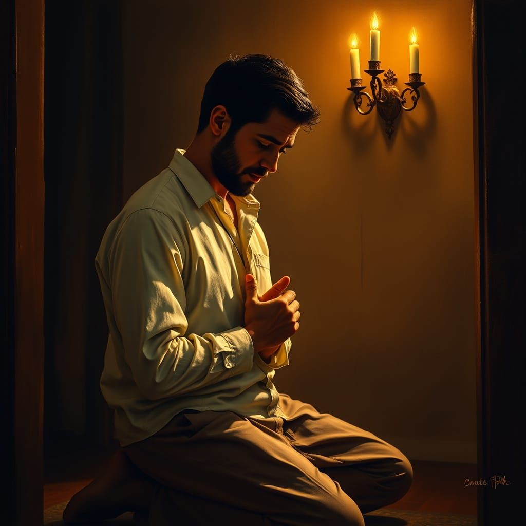 A Devout Man in Candlelit Contemplation