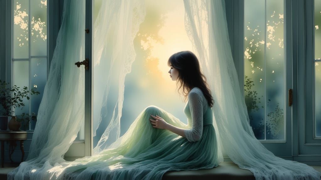 Ethereal Woman Contemplates Surreal Landscapes