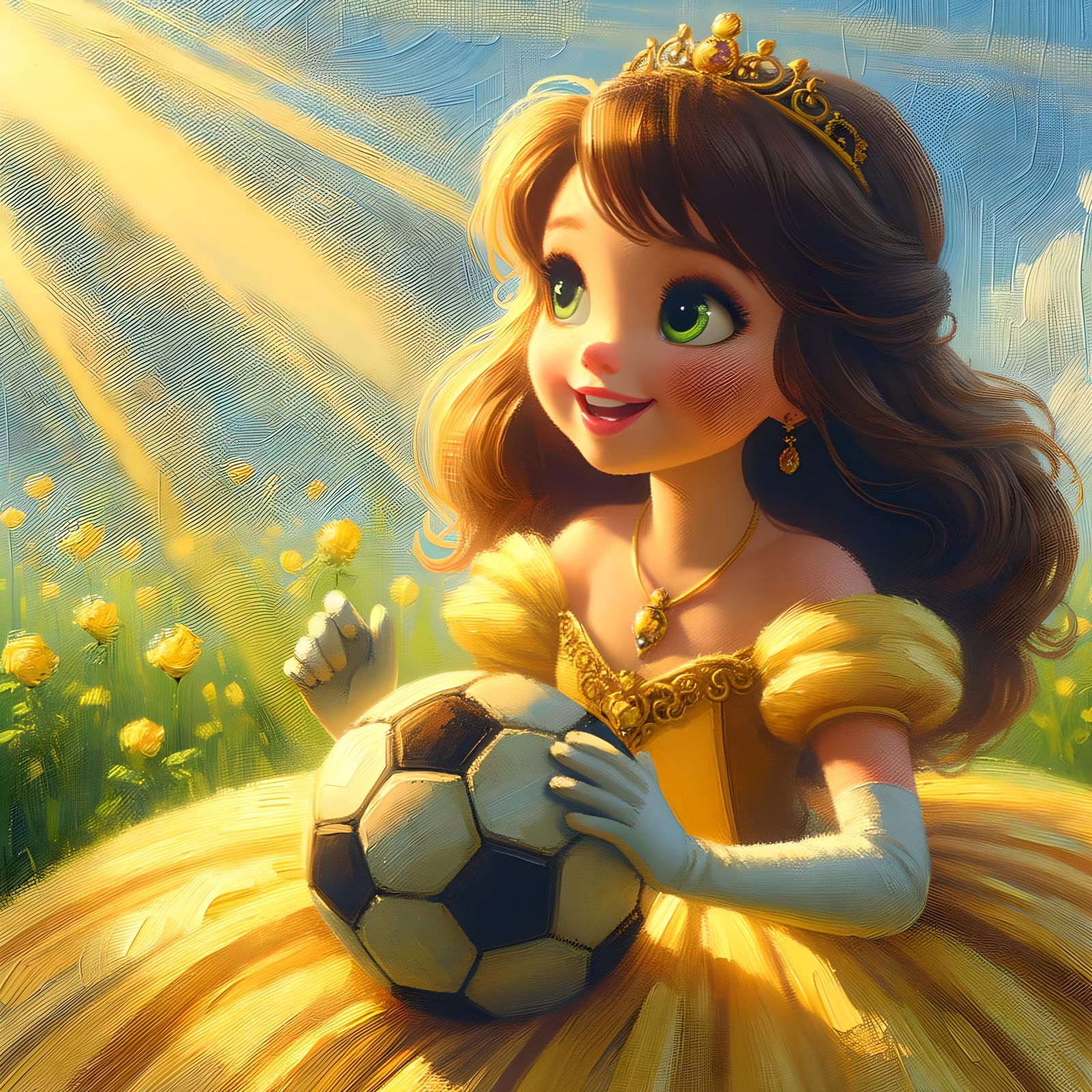 Princess Plays Soccer in Oil Painting Style