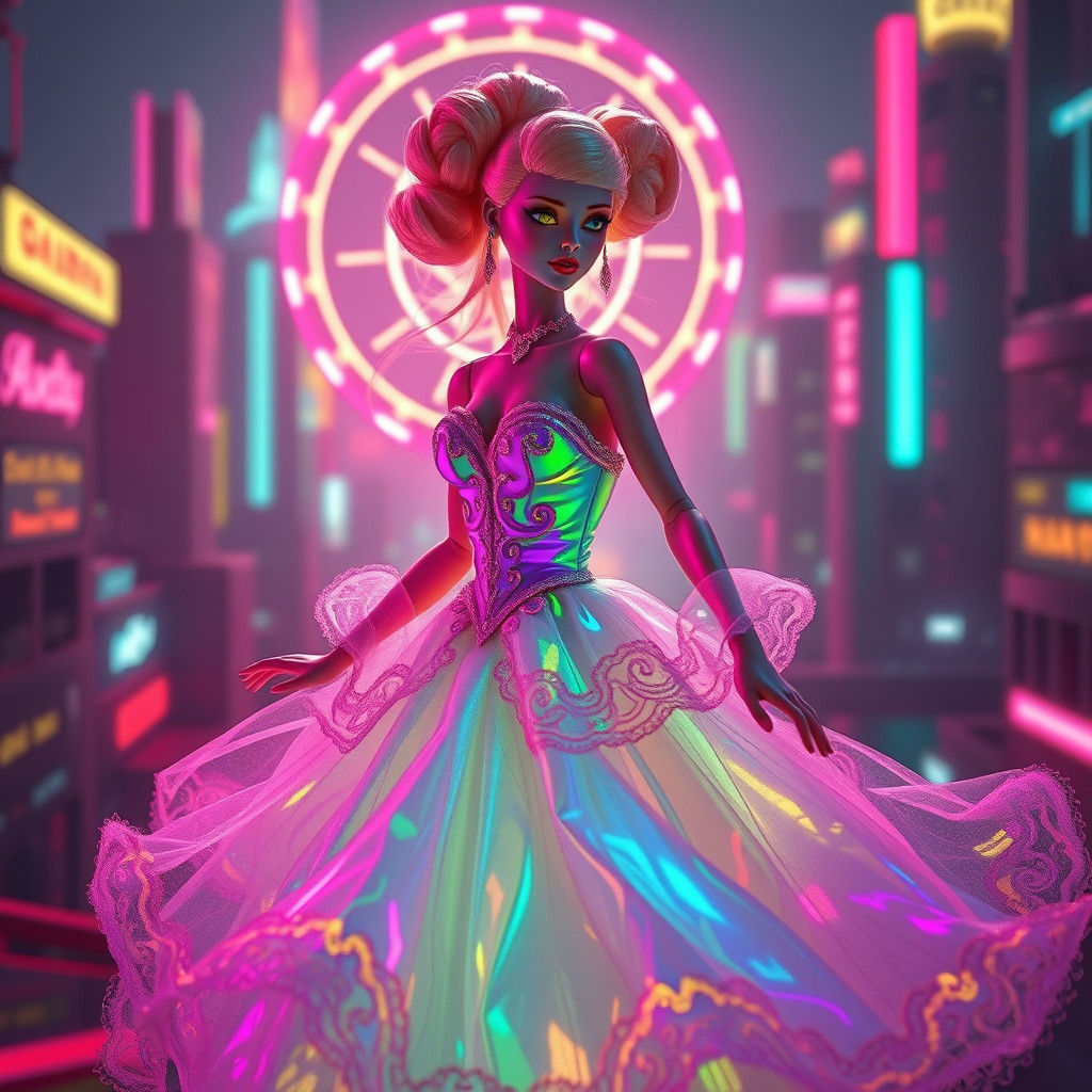 Luminescent Futuristic Doll Dancing in Neon Cityscape