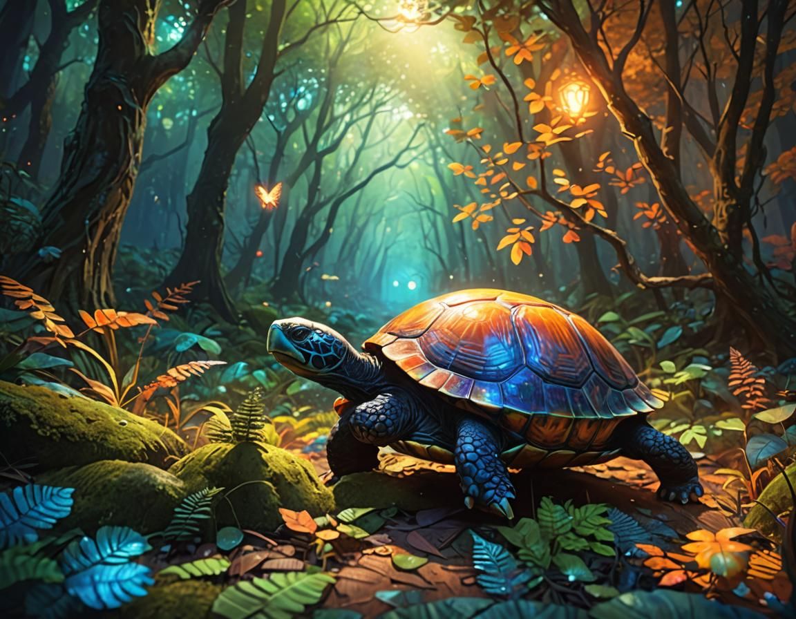 Mystical Turtle in Enchanted Forest: Fantasy Art