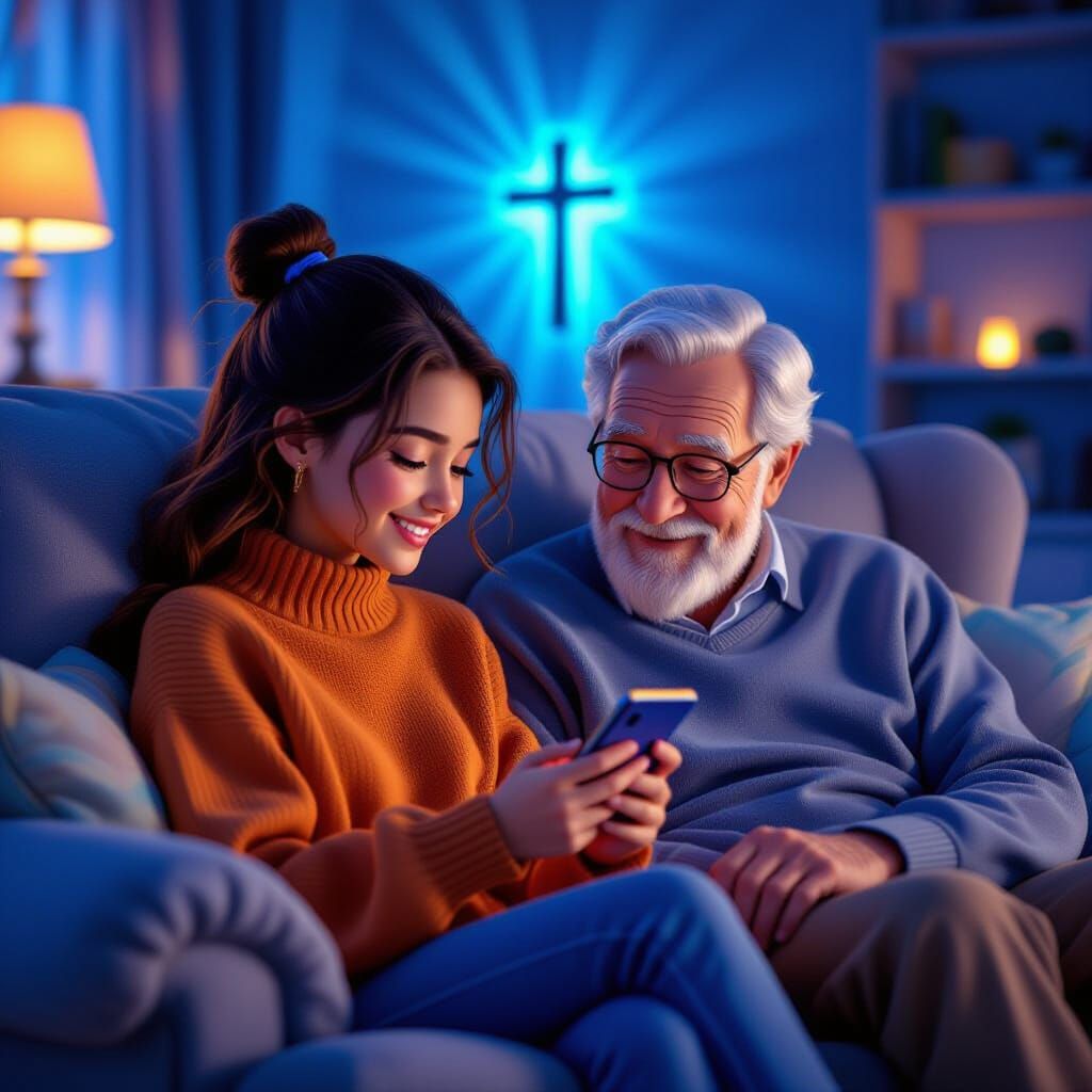 Teen Girl and Elderly Man Reading Bible App