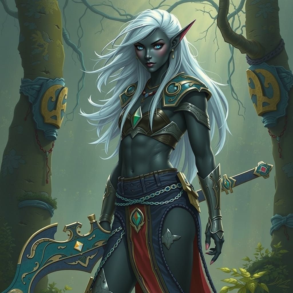 Muscular Black Elf Warrior with Blue Eyes in Mystical Forest