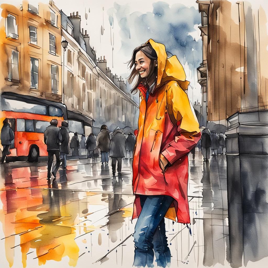 Smiling Woman in Rainy London: Ink and Wash