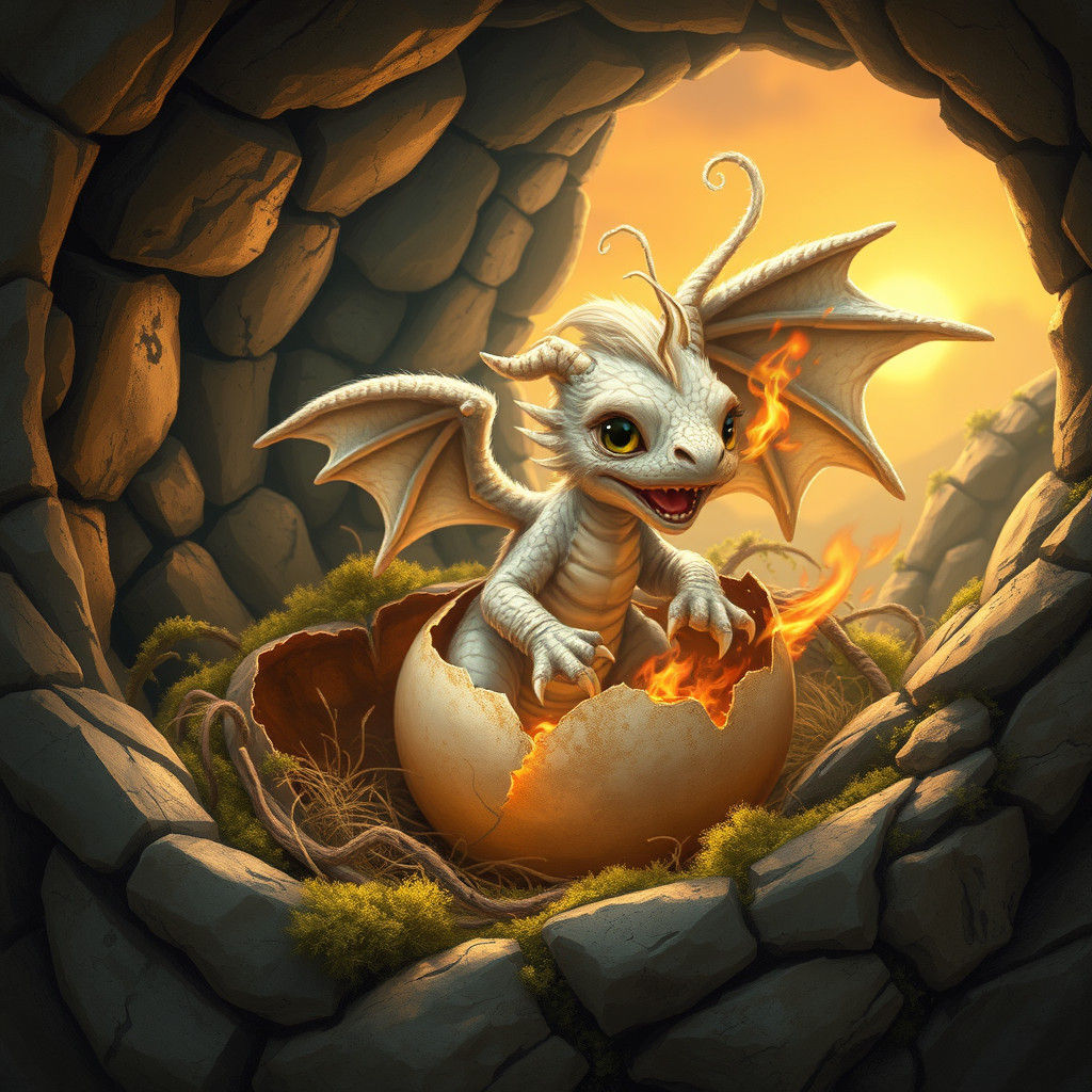 Baby Dragon Hatching in Whimsical Fantasy Style