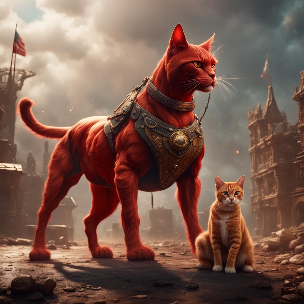 Red Cat Rides Boxer Dog: Fantasy Concept Art